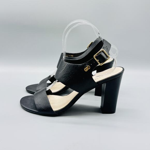 Cole Haan Shoes Women 8.5 Black Leather Grand OS Slingback Sandals Block Heel - Picture 5 of 12